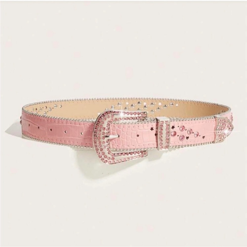 Pink Rhinestone Western Belt Croc Embossed Y2K Cowgirl Glam Silver Buckle 36" - Picture 2 of 6